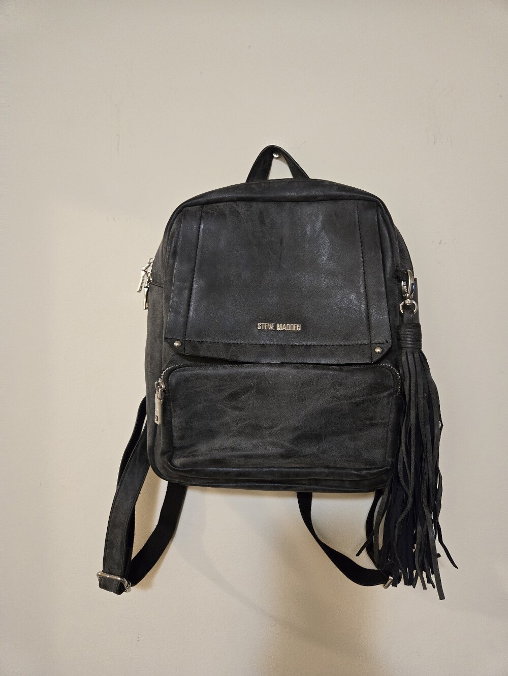 Steve Madden Black Faux Leather Fringe Backpack